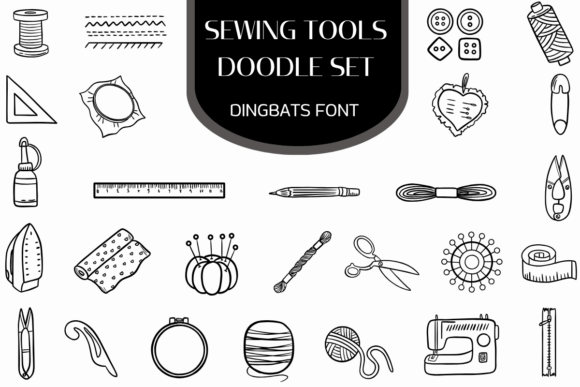 Sewing Tools Doodle Set Font for Handmade Editorial Design